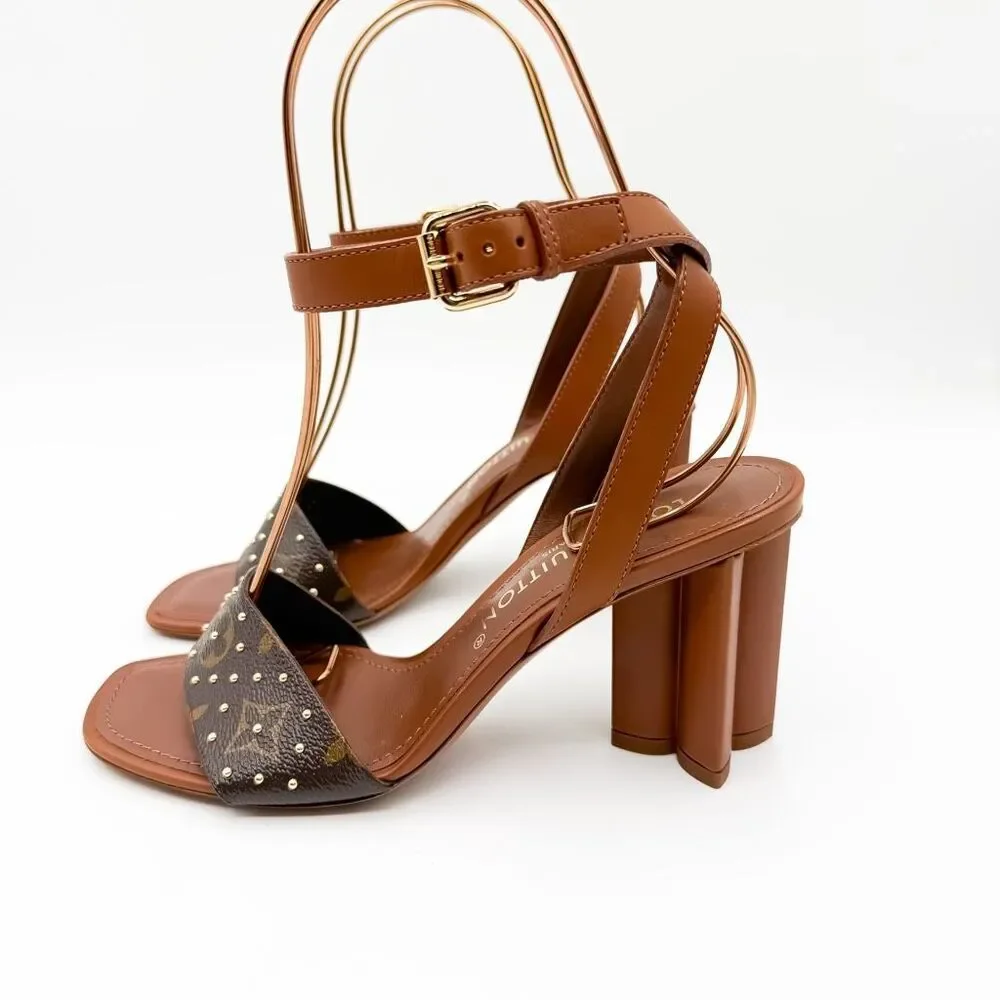 Louis Vuitton NEW LV Monogram Studded Block Heel Leather Sandals EU 38 US 8 - Picture 4 of 11